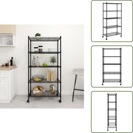 The Living Store Scaffale a 5 Livelli con Ruote 75x35x155 cm Nero 250 kg - Scaffale con ruote