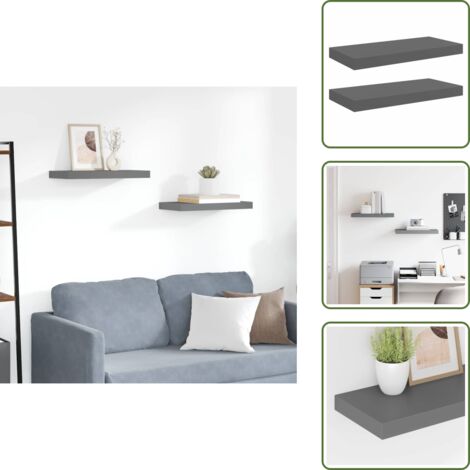 The Living Store Scaffali a Parete 2 pz Grigio Lucido 50x23x3,8 cm in MDF - Scaffali in mdf