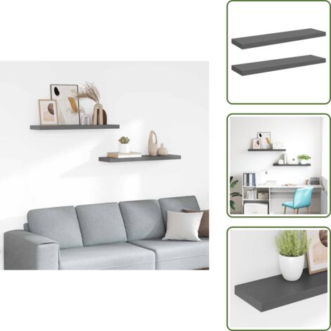 The Living Store Scaffali a Parete 2 pz Grigio Lucido 90x23,5x3,8 cm in MDF - Mensole da parete