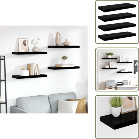 The Living Store Scaffali a Parete 4 pz Nero Lucido 60x23,5x3,8 cm in MDF - Mensole a parete