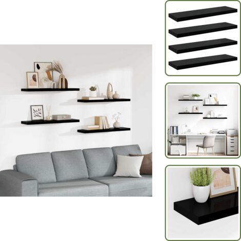 The Living Store Scaffali a Parete 4 pz Nero Lucido 90x23,5x3,8 cm in MDF - Scaffali in mdf