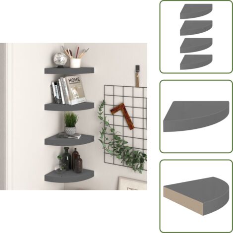 The Living Store Scaffali Angolari a Parete 4 pz Grigio Lucido 25x25x3,8 cm MDF - Scaffali a Parete