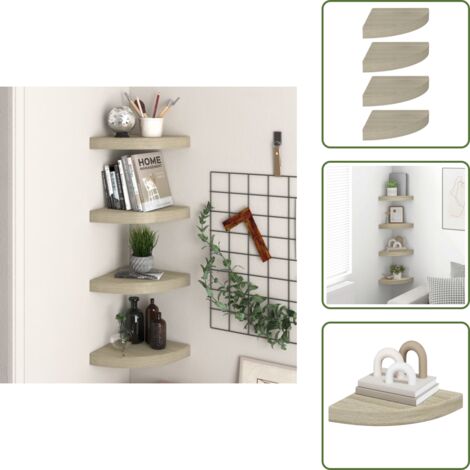 The Living Store Scaffali Angolari a Parete 4 pz Rovere 25x25x3,8 cm in MDF - Scaffali angolari