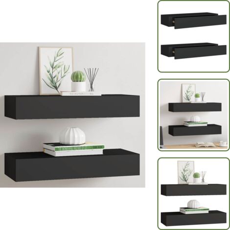 The Living Store Scaffali con Cassetti da Parete 2 pz Neri 60x23,5x10 cm MDF - Cassetti da parete