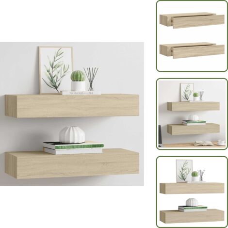 The Living Store Scaffali con Cassetti da Parete 2 pz Rovere 60x23,5x10 cm MDF - Cassetti