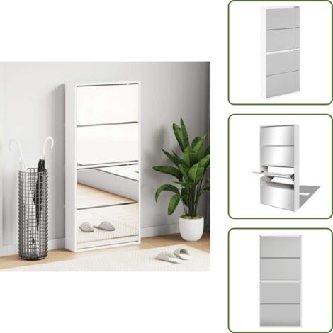 The Living Store Scarpiera a 4 Strati con Specchio Bianca 63x17x134 cm - Scarpiera a 4 cassetti