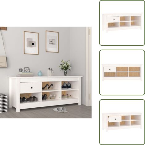 The Living Store Scarpiera Bianca 110x38x45,5 cm in Legno Massello di Pino - Scarpiera da interno