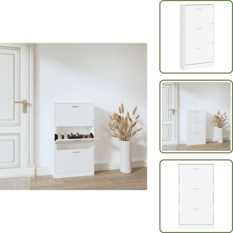 The Living Store Scarpiera Bianca 59x17x108 cm in Legno Massello di Argilla - Scarpiera da ingresso