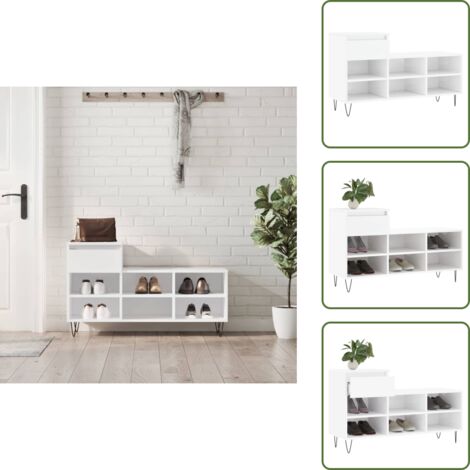 The Living Store Scarpiera Bianco Lucido 102x36x60 cm in Legno Multistrato - Scarpiera da interno