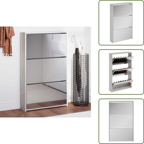 The Living Store Scarpiera con Specchio a 3 Livelli Grigio cemento 63x17x102,5cm - Scarpiera con specchio