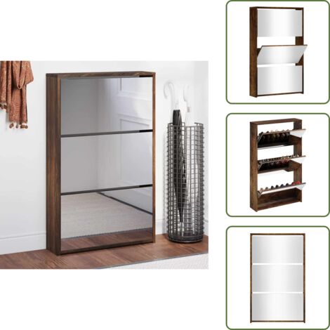 The Living Store Scarpiera con Specchio a 3 Livelli Rovere fumo 63x17x102,5 cm - Scarpiera con specchio