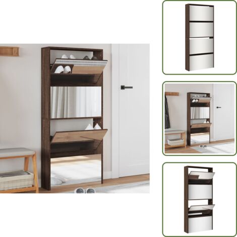 The Living Store Scarpiera con Specchio a 4 Livelli Rovere Marrone 63x17x134 cm - Scarpiera con specchio