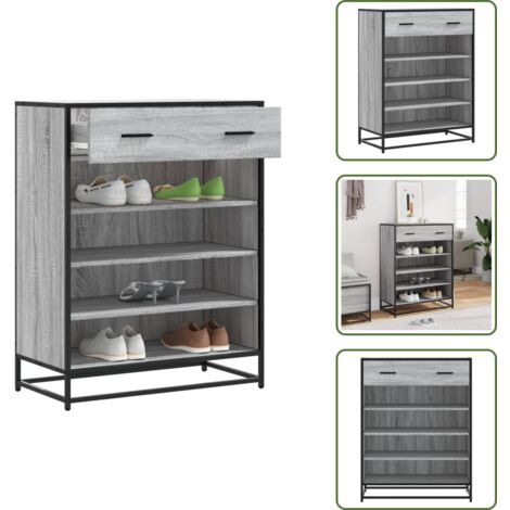 The Living Store Scarpiera Grigio Sonoma 75x38x97,5 cm Legno Multistrato Metallo - Scarpiera con mensole