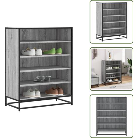 The Living Store Scarpiera Grigio Sonoma 75x38x97,5 cm Legno Multistrato Metallo - Scarpiera con mensole