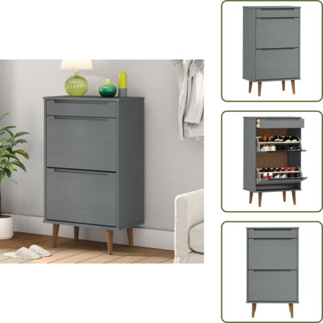 The Living Store Scarpiera MOLDE Grigia 59,5x35x103 cm in Legno Massello di Pino - Scarpiera in pino