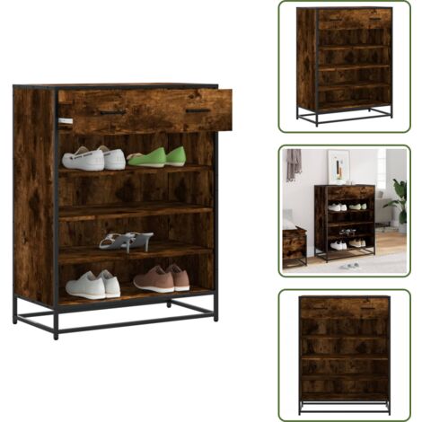 The Living Store Scarpiera Rovere Fumo 75x38x97,5 cm Legno Multistrato Metallo - Scarpiera con mensole