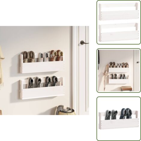 The Living Store Scarpiere a Parete 2 pz Bianco 59x9x23cm Legno Massello di Pino - Scaffale per scarpe