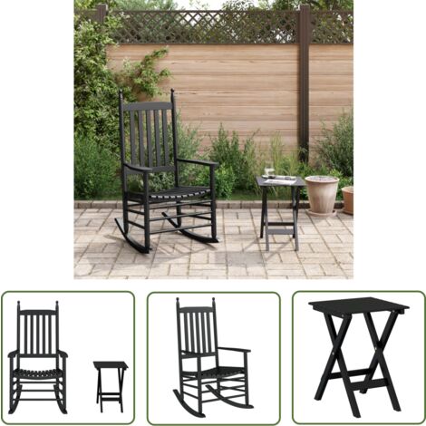 The Living Store Schaukelstuhl mit Klapptisch Schwarz Massivholz Pappel - Gartenmöbel - Schaukelstuhl - Holzsessel - Esszimmerstuhl - Balkonmöbeln
