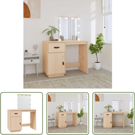 The Living Store Schminktisch mit LED 95x50x133,5 cm Massivholz Kiefer - Massiver Holzs Schminktisch - Kiefernholzmöbel - LED-Kosmetiktisch - Makeup Tisch - Schminkschrank