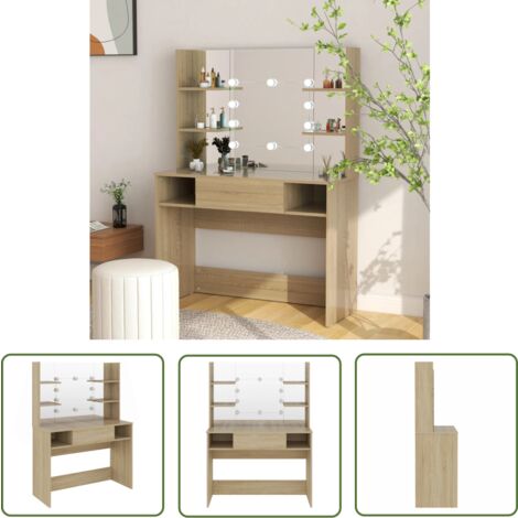 The Living Store Schminktisch mit LED-Beleuchtung 100x40x135 cm MDF Eiche-Optik - Schminktisch - LED Beleuchtung - Kosmetiktisch - Makeuptisch - Badezimmermöbel
