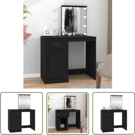 The Living Store Schminktisch mit LED Schwarz 90x50x132,5 cm Holzwerkstoff - Schminktisch - Kosmetikschrank - LED Beleuchtung - Badezimmermöbel - Makeup Tisch