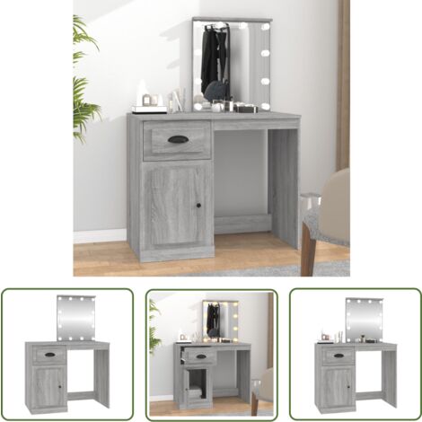 The Living Store Schminktisch mit LEDs Grau Sonoma 90x50x132,5 cm Holzwerkstoff - Schminktisch - Kosmetikschrank - Makeup Tisch - LED Beleuchtung - Grau Sonoma