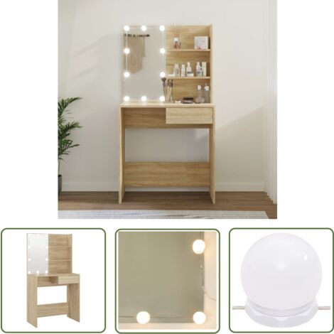 The Living Store Schminktisch mit LEDs Sonoma-Eiche 74,5x40x141 cm Holzwerkstoff - Schminktisch - Kosmetiktisch - Make Up Tisch - Badezimmermöbel - Spiegelschrank