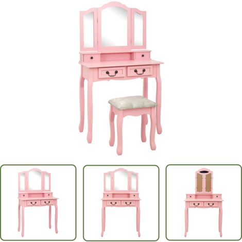 The Living Store Schminktisch-Set mit Hocker Rosa 80×69×141 cm Paulowniaholz - Schminktisch - Rosa Schminktisch - Kosmetiktisch - Make-Up Tisch - Vanity Set