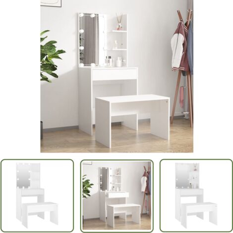 The Living Store Schminktisch-Set mit LED Weiß Holzwerkstoff - Schminktisch - Kosmetiktisch - Schreibtisch - LED Beleuchtung - Weißer Schminktisch