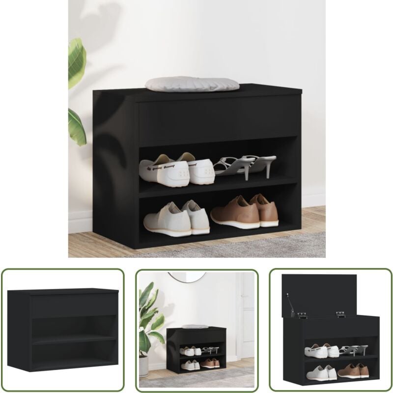 Banc à chaussures Noir 60x30x45 cm Bois d'ingénierie - Banc à Chaussures - Meuble Chaussure - Rangement Chaussures - Banc Rangement - Meuble Entrée