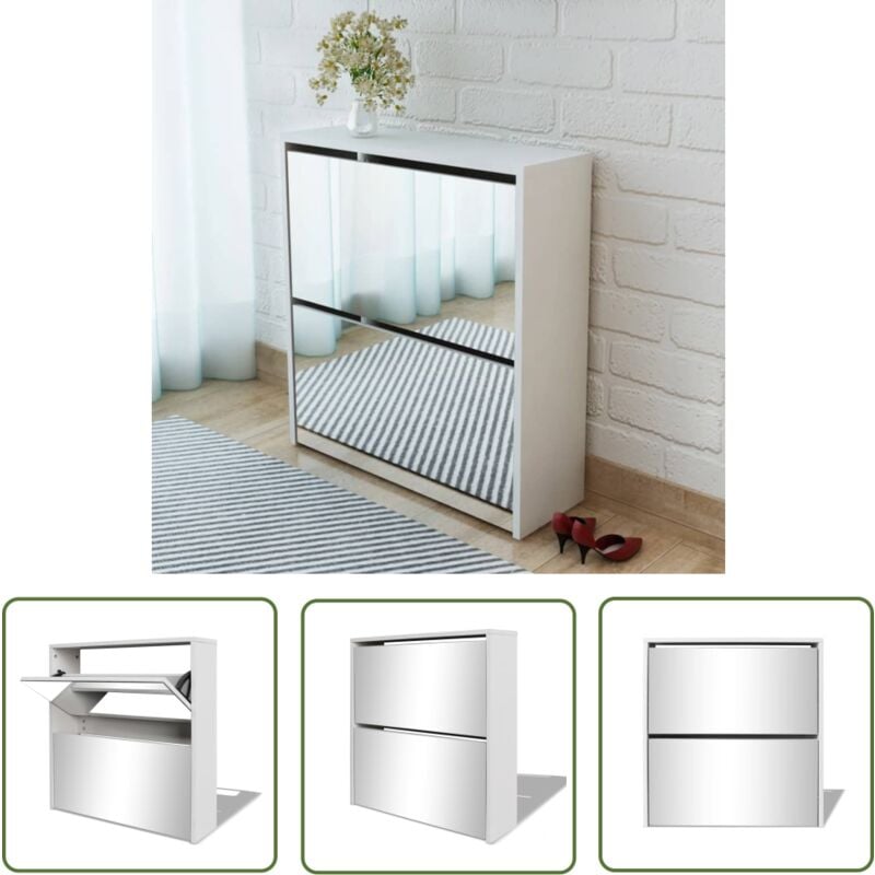 The Living Store - Meuble à chaussures 2 étages avec miroir 63x17x67 cm Blanc - Meubles à Chaussures - Étagère à Chaussures - Rangements Chaussures