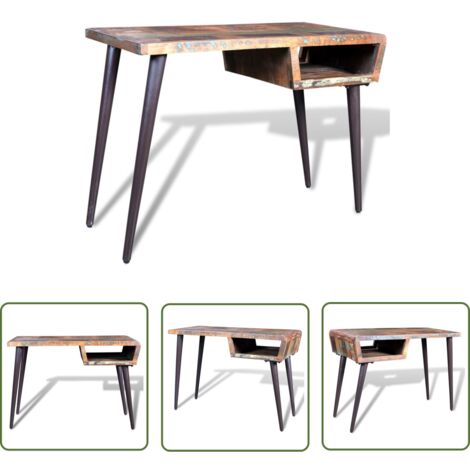 The Living Store Schreibtisch Altholz mit Eisenbeinen - Vintage Schreibtisch - Altholz Schreibtisch - Retro Schreibtisch - Schreibtisch Antik Stil - Handgefertigter Schreibtisch