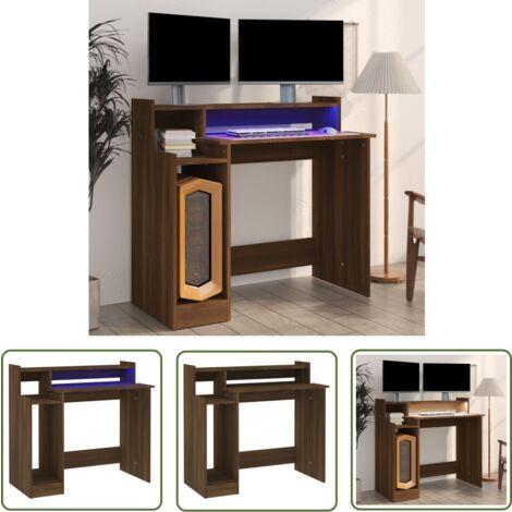 The Living Store Schreibtisch mit LEDs Braun Eiche-Optik 97x45x90 Holzwerkstoff - Bürostuhl - Schreibtischlampe - Home Office - Arbeitsplatzgestaltung - Ergonomischer Stuhl