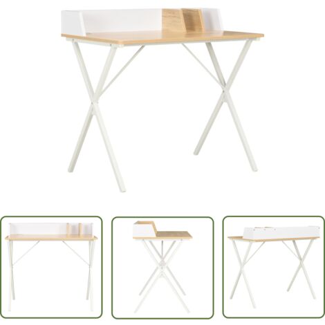 The Living Store Schreibtisch Weiß und Natur 80x50x84 cm - Schreibtisch - Weißer Schreibtisch - Holzschiebtisch - Bürostuhl - Home Office