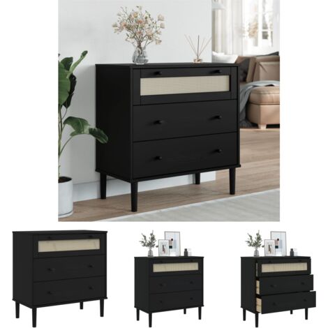 The Living Store Schubladenkommode SENJA Rattan-Look Schwarz 80x40x80 Kieferholz -  Kommoden