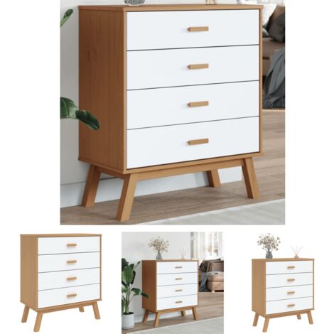 The Living Store Schubladenschrank OLDEN Weiß und Braun Massivholz Kiefer - Kommoden
