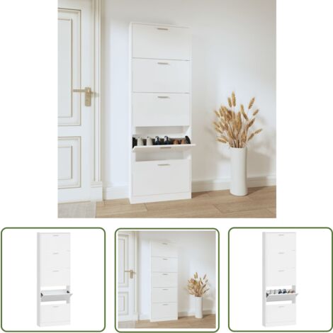 The Living Store Schuhschrank Hochglanz-Weiß 59x17x169 cm Holzwerkstoff - Schuhschrank - Holzwerkstoff - Weiß - Garderobe - Schrank