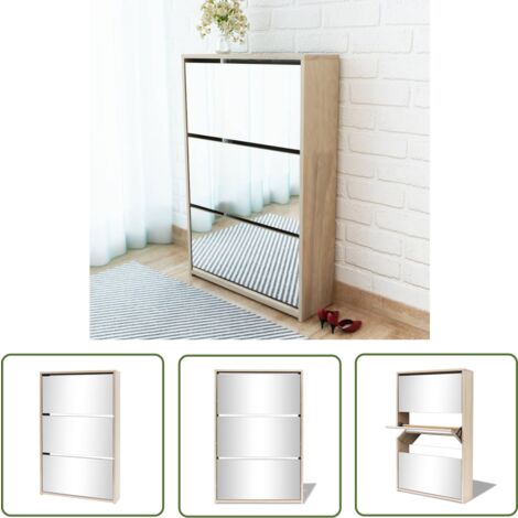The Living Store Schuhschrank mit 3 Fächern Spiegel Eiche-Optik 63x17x102,5 cm - Spiegel Schrank - Schuhschrank - Flurmöbel - Schuh Regal - Eiche Optik