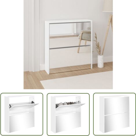 The Living Store Schuhschrank mit Spiegel 2 Fächer Hochglanz-Weiß 63x17x67 cm - Schuhschrank - Schuhregal - Garderobe - Einbauschrank - Aufbewahrung