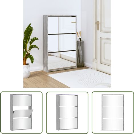 The Living Store Schuhschrank mit Spiegel 3 Fächer Grau Sonoma 63x17x102,5 cm - Schuhschrank - Schuhregal - Garderobe - Einbauschrank - Aufbewahrungssystem