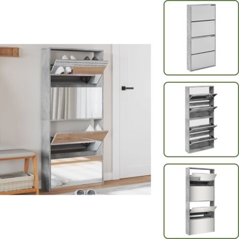 The Living Store Schuhschrank mit Spiegel 4 Fächer Betongrau 63x17x134 cm - Schuhschrank - Schuhregal - Beton Grau - Garderobe - Einbauschrank