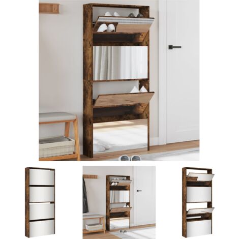 The Living Store Schuhschrank mit Spiegel 4 Fächer Räuchereiche 63x17x134 cm - Schuhregale & -schränke
