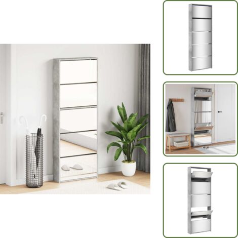 The Living Store Schuhschrank mit Spiegel 5 Fächer Betongrau 63x17x169,5 cm - Schuhschrank - Schuhregal - Beton Grau - Garderobe - Einbauschrank