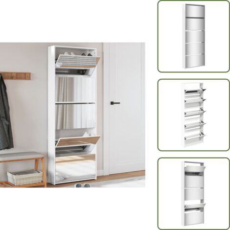 The Living Store Schuhschrank mit Spiegel 5 Fächer Hochglanz-Weiß 63x17x169,5 cm - Schuhregal
