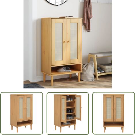 The Living Store Schuhschrank SENJA Rattan-Optik Braun 59,5x35x107cm Kiefernholz - Holz Schrank - Schuhschrank - Garderobe - Einbauschrank - Wohnzimmermöbel