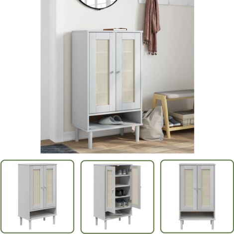 The Living Store Schuhschrank SENJA Rattan-Optik Weiß 59,5x35x107cm Kiefernholz - Holz Schrank - Schuhschrank - Garderobe - Einbauschrank - Wohnzimmermöbel