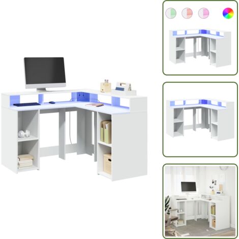 The Living Store Scrivania con Luci LED Bianca 130x130x91 cm in Truciolato - Scrivania in truciolato