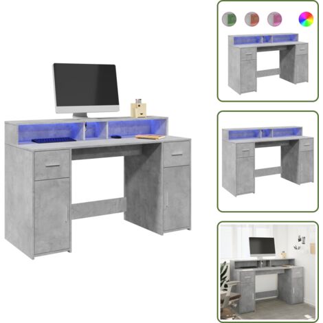 The Living Store Scrivania con Luci LED Grigio Cemento 140x55x91 cm Multistrato - Scrivania multistrato