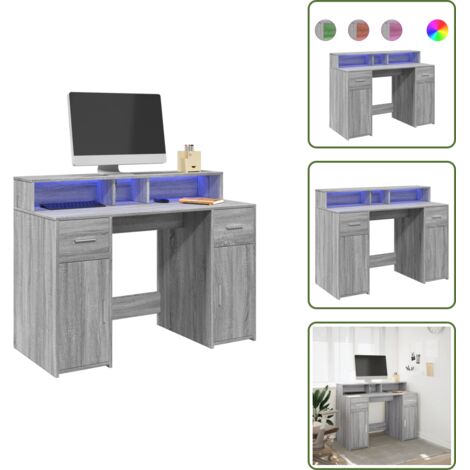 The Living Store Scrivania con Luci LED Grigio Sonoma 120x55x91cm in Multistrato - Scrivania in truciolato