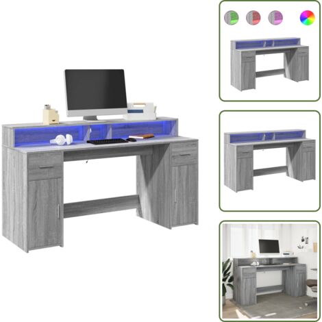The Living Store Scrivania con Luci LED Grigio Sonoma 160x55x91cm in Multistrato - Scrivania in truciolato